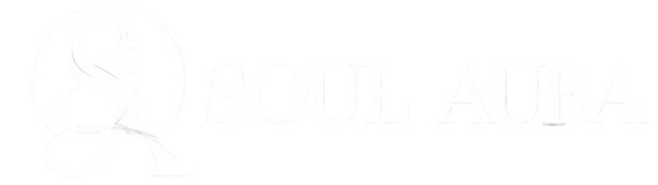 White 'SOUL AURA' logo text with an ornate stylized 'SA' emblem on a light gray and white checkerboard transparency background.